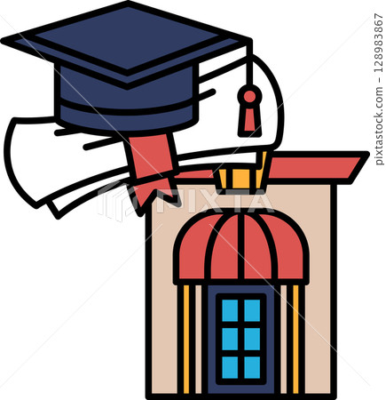 A building with a red roof and a blue cap on top 128983867