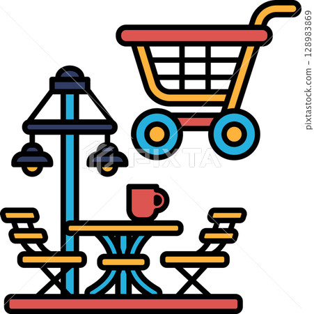 A cartoon drawing of a shopping cart and a table with a cup on it A cartoon drawing of a shopping cart and a table with a cup on it 128983869