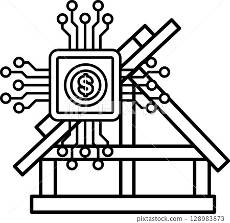 A black and white drawing of a building with a dollar sign on it A black and white drawing of a building with a dollar sign on it 128983873