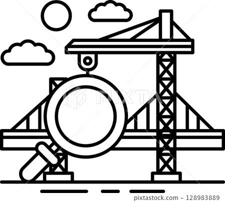 A black and white drawing of a construction site with a crane A black and white drawing of a construction site with a crane 128983889