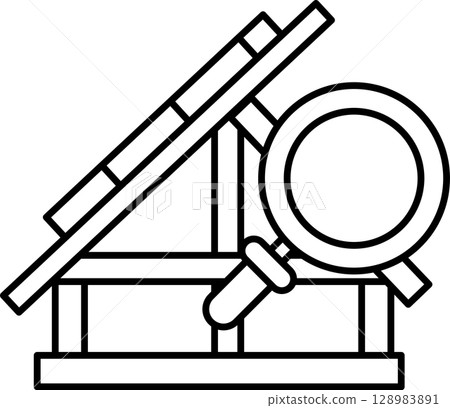 A black and white drawing of a house with a magnifying glass on top of it 128983891