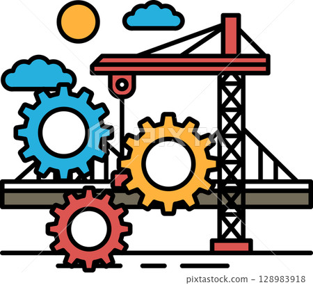 A drawing of a construction site with a crane and a large number of gears 128983918