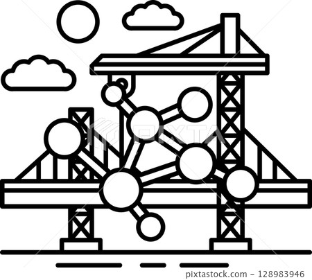 A bridge with a large structure in the middle 128983946