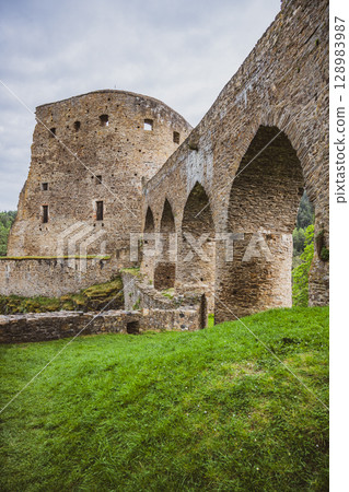 Velhartice Castle's Gothic Bridge stands as a stunning architectural feat, showcasing stone arches surrounded by lush greenery, under a cloudy sky. A glimpse into historical beauty awaits. 128983987