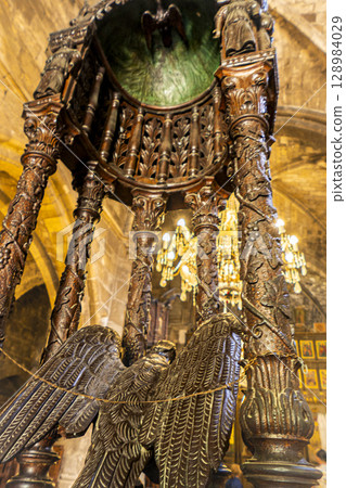 Interior of the Bella Pais Monastery in the Turkish Republic of Northern Cyprus. Eagle sculpture 128984029