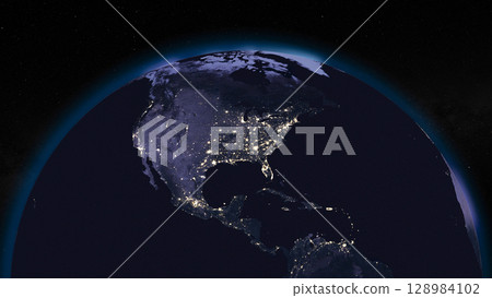 Earth globe by night focused on United States of America and Canada. Dark side of Earth with illuminated cities and stars of universe on background. Elements of this image furnished by NASA 128984102