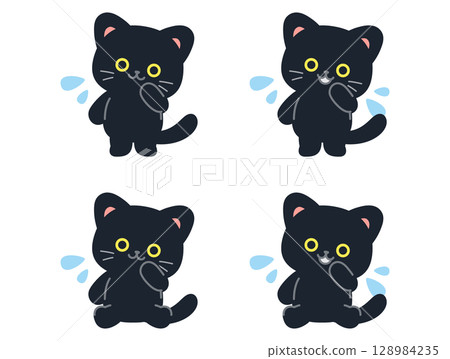 Illustration set of cute mini black cats in trouble Illustration set of cute mini black cats in trouble 128984235