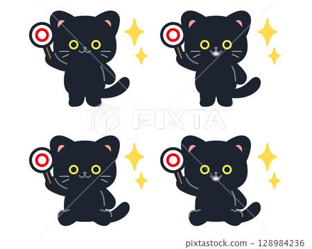 Set of cute mini black cat illustrations holding circle tags Set of cute mini black cat illustrations holding circle tags 128984236