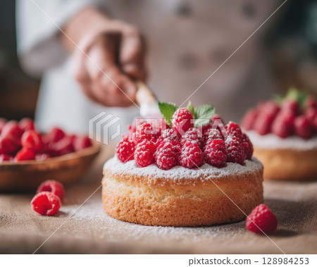 Delicious dessert making process with fresh raspberries and powdered sugar topping soft cake creating delightful and inviting treat 128984253