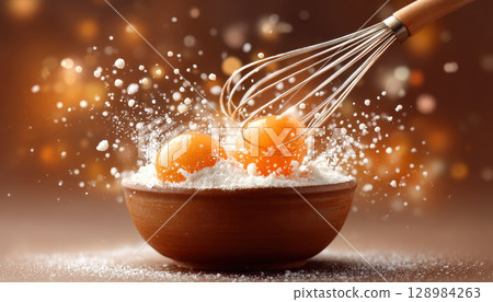 Egg yolk and flour in wooden bowl with whisk showing dessert making process in warm light Egg yolk and flour in wooden bowl with whisk showing dessert making process in warm light 128984263