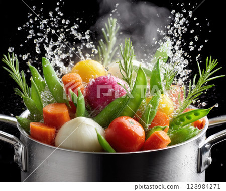 Fresh vegetables including carrot onion tomato and peas splash in boiling water with steam rising showing lively dessert making process 128984271