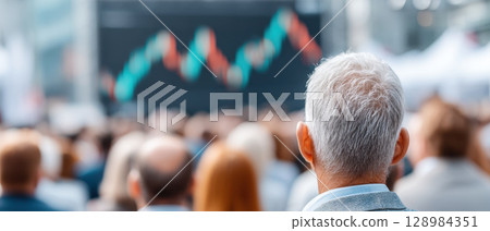 Hybrid work environment concept with group of people attending conference showing financial data on large screen in modern setting 128984351