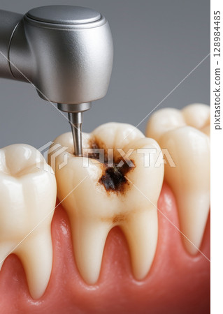 Dental care treatment for decayed tooth with dental drill removing cavity and restoring oral health in close up view of teeth and gums 128984485