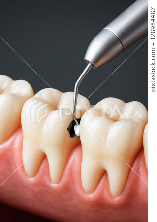 Dental care treatment for decayed tooth with dental tool applying filling material on cavity to restore tooth health and prevent further damage in oral hygiene practice 128984487