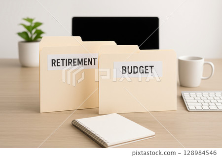 Budget and retirement plan folders on office desk with computer keyboard and coffee cup for organized financial planning Budget and retirement plan folders on office desk with computer keyboard and coffee cup for organized financial planning 128984546