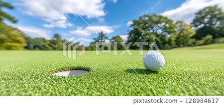 Golf ball near hole on green grass of golf course under blue sky with white clouds and trees in background creating peaceful outdoor scene Golf ball near hole on green grass of golf course under blue sky with white clouds and trees in background creating peaceful outdoor scene 128984617