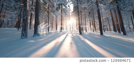 Snow covered pine forest glowing with sunrise light casting long shadows on fresh snow creating peaceful winter morning scene with tall trees and clear sky 128984671