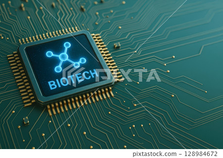 Biotechnology innovation concept with microchip displaying biotech symbol representing medical and healthcare advancements in technology and science for future health solutions 128984672