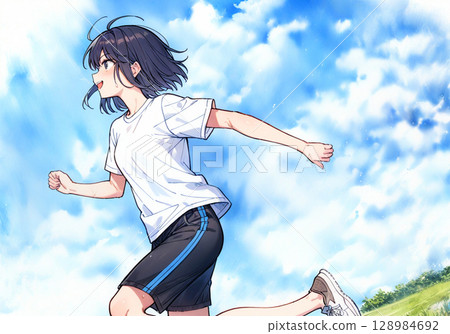 藍天下微笑奔跑的女學生 128984692