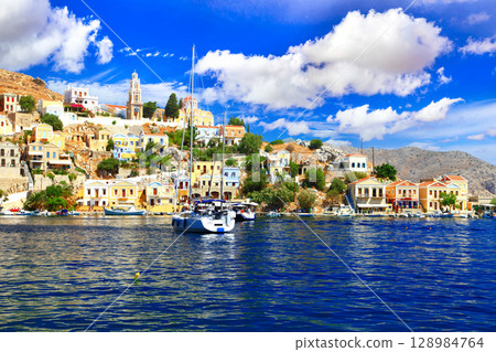 Traditional colorful Greek island- beautiful Chalki (Halki)  in Dodecanese. Greece travel 128984764