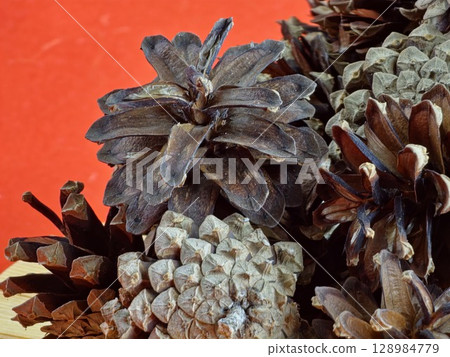 Natural medium sized pine cones close-up on red background 128984779