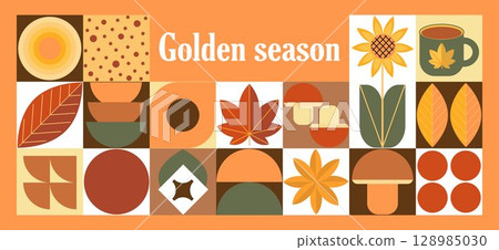 Autumn Vibes Geometric Fall Harvest Collage. Banners with autumn elements in Bauhaus style. Autumn poster design. Autumn Vibes Geometric Fall Harvest Collage. Banners with autumn elements in Bauhaus style. Autumn poster design. 128985030