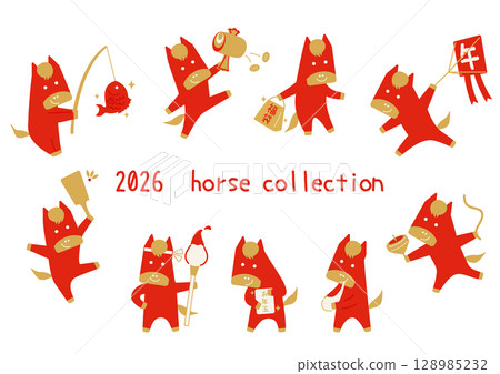 New Year's/Lucky items and simple red horse character set 128985232