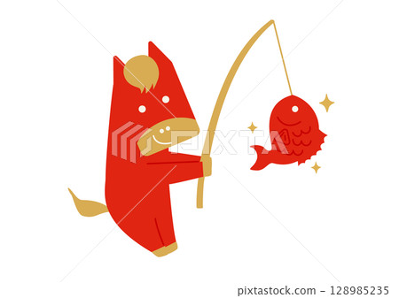 新年祝福/簡單的紅馬人物釣鯛魚 128985235