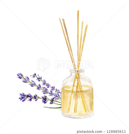 Watercolor hand drawn illustration with aroma diffuser in glass with essential oil and sticks and lavender bouquet 128985611