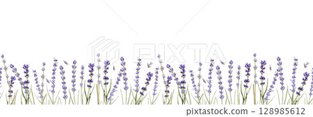 Watercolor seamless pattern with branches of lavender and lavender seeds on a white background 128985612