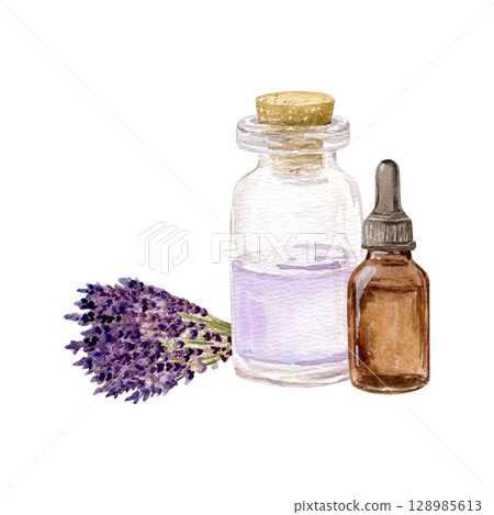 Watercolor hand drawn composition with two bottle with different essential oil and bouquet with lavender Watercolor hand drawn composition with two bottle with different essential oil and bouquet with lavender 128985613