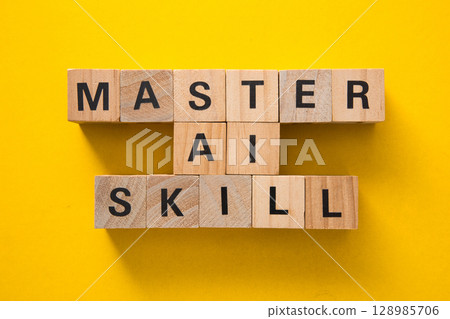 Mastering artificial intelligence skill with wooden cubes on yellow background Mastering artificial intelligence skill with wooden cubes on yellow background 128985706