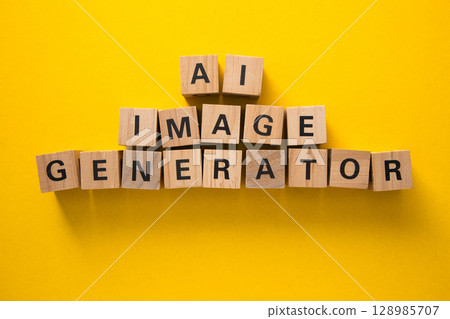Ai image generator written with wooden cubes on yellow background 128985707