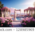 Lovely princess in park with statue of a cupid archer standing on column entwined with ivy page for coloring 128985969