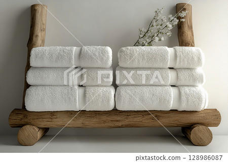 Freshly washed white towels on a Boho style wooden floor hanger. 128986087