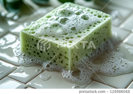 Commercial use. Green sponge with cleaning agent wiping a ceramic tile with soap bubbles. Close-up. 128986088