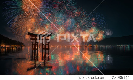水下鳥居和點亮夏夜的煙火 水下鳥居和點亮夏夜的煙火 128986145