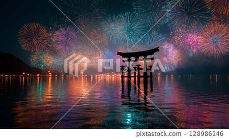 A torii gate floating on the lake and fantastic fireworks reflected on the water surface 128986146