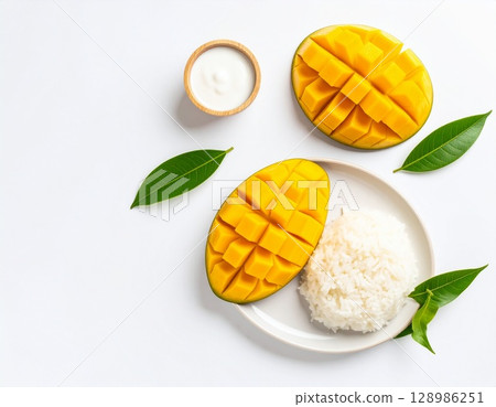 creative flat lay pattern of yellow and green mango, mango, fruit, isolated on white 128986251