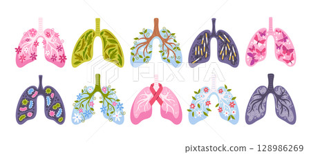 Human lungs decorative design elements set for world cancer day awareness vector illustration 128986269
