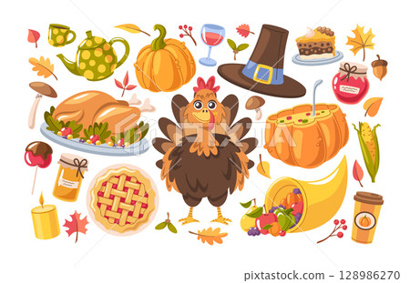 Happy thanksgiving day traditional autumn holiday cute hand drawn design elements collection 128986270