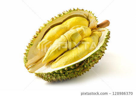 Ripe Durian Fruit or Monthong with Yellow Flesh Isolated on White Background.King of Fruits 128986370