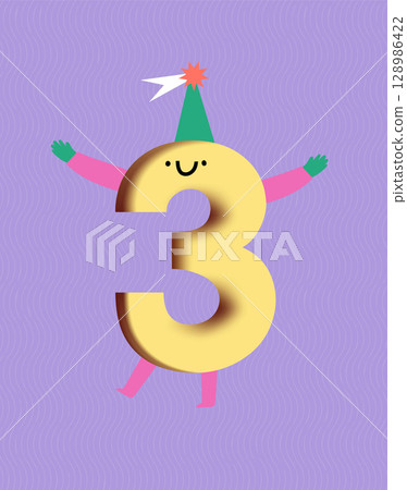 Birthday number 3 poster drawing in cute cartoon style on violet background 128986422