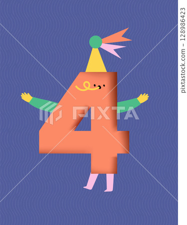 Birthday number 4 poster drawing in cute cartoon style on blue background 128986423