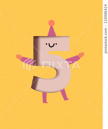 Birthday number 5 poster drawing in cute cartoon style on yellow background 128986424
