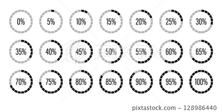 Round diagrams icons for infographics from 0 to 100 percent. Percentage infographics elements. Black, grey color fill divided pie charts indicator layout. Circle graph loading progress mockup. 128986440