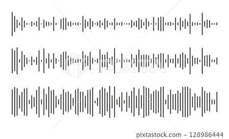 Equalizer symbols template. Voice message templates set. Icon of audio chat speech sound wave. Elements for mobile messenger, podcast, music player, online radio interface or app. Waveform pattern. Equalizer symbols template. Voice message templates set. Icon of audio chat speech sound wave. Elements for mobile messenger, podcast, music player, online radio interface or app. Waveform pattern. 128986444