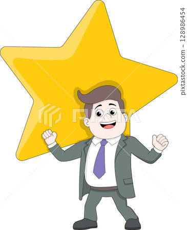 Cartoon Businessman Celebrating with Big Yellow Star Illustration Cartoon Businessman Celebrating with Big Yellow Star Illustration 128986454