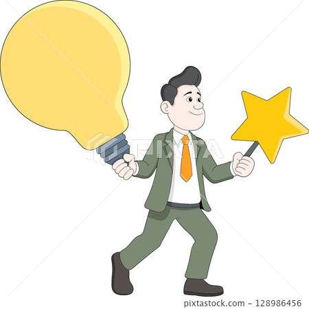 Cartoon Businessman Holding Light Bulb and Star Illustration Cartoon Businessman Holding Light Bulb and Star Illustration 128986456