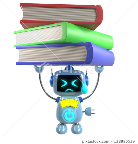 An illustration of a cute blue robot character holding up a book 128986539